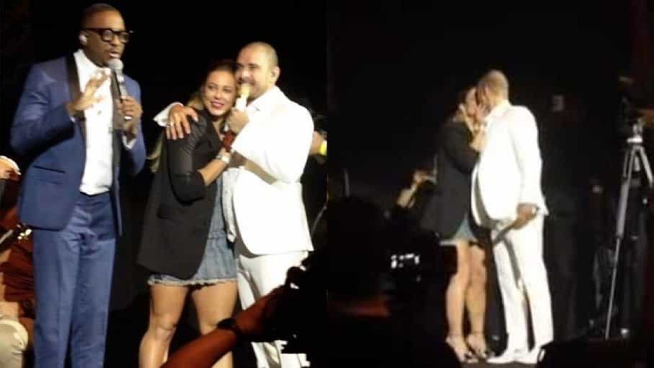 Paolla Oliveira beija Diogo Nogueira no palco e leva fãs ao delírio