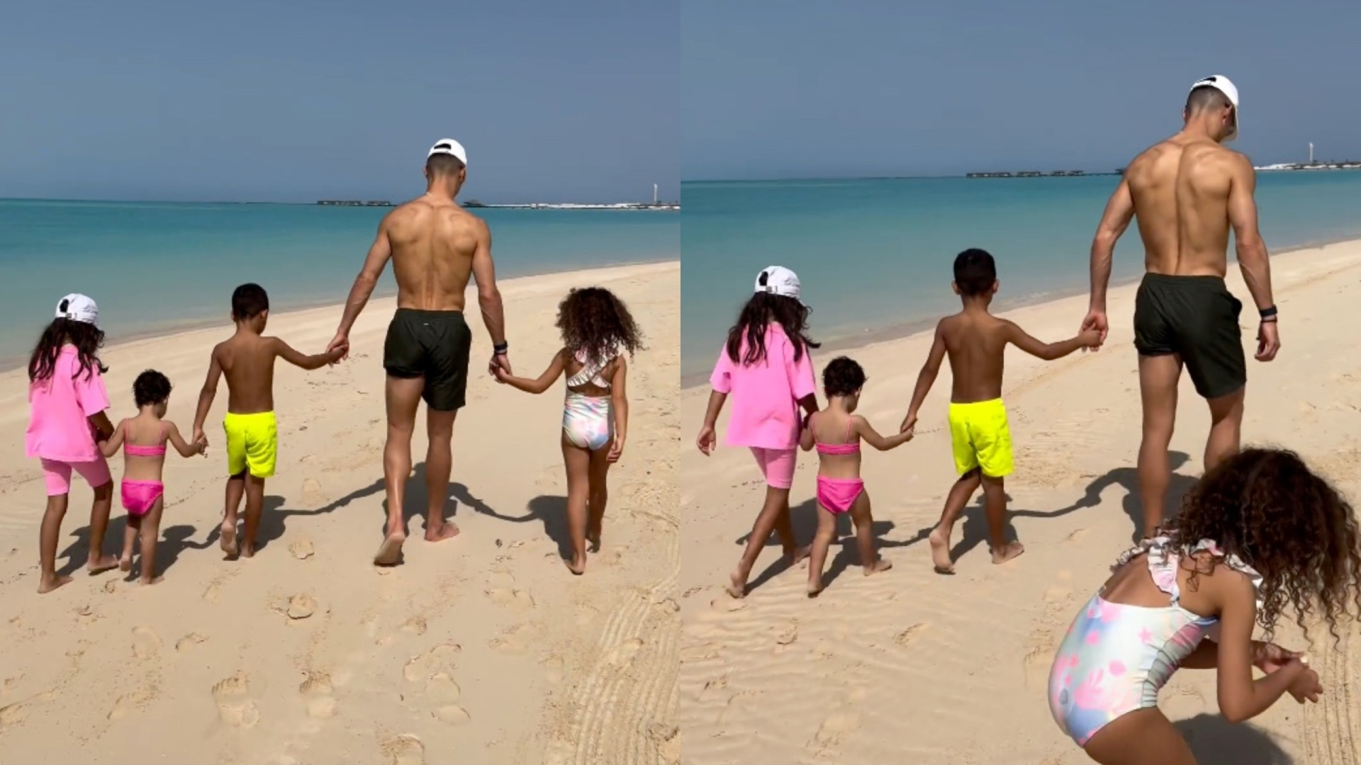 Amoroso! Cristiano Ronaldo passeia na praia de mãos dadas com os filhos
