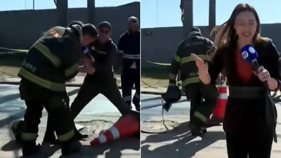 Repórter da Record cai em bueiro durante entrada ao vivo e assusta colegas