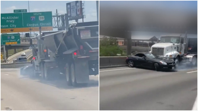 Acidente! Caminhão arrasta mercedes pela estrada nos EUA