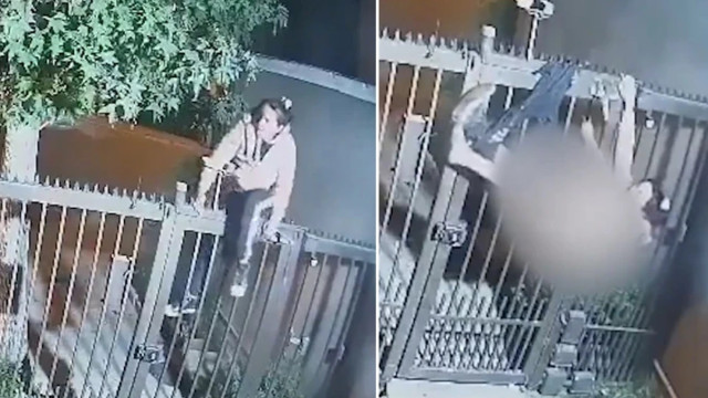 Mulher fica pendurada seminua em portão em tentativa de furto; vídeo