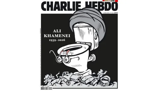 
                    Charlie Hebdo dedica capa à morte de Khamenei com privada e turbante
                