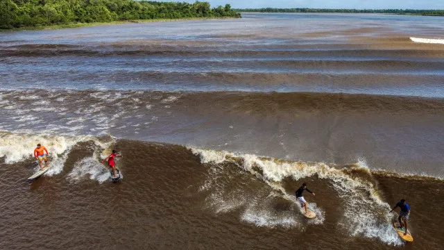 
                    Surfistas pegam onda na pororoca no Pará
                