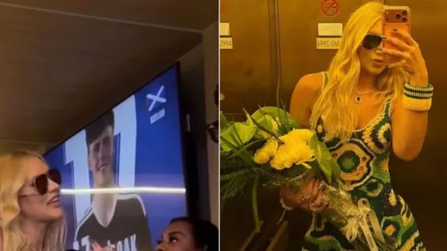 
                    Virginia curte camarote com a mãe de Vini Jr. e mostra flores
                