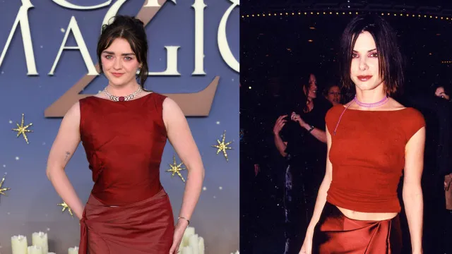 
                    Maisie Williams recria look de Sandra Bullock usado em première de 1999
                